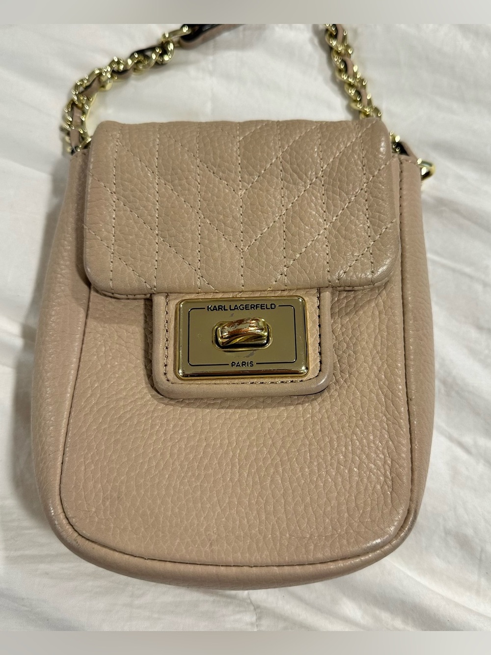 Karl Lagerfeld Paris Agyness Beige Leather Quilted Crossbody Bag
